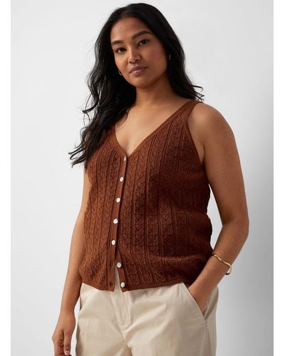 Contemporaine Pointelle Knit Buttoned Sweater Vest - Brown