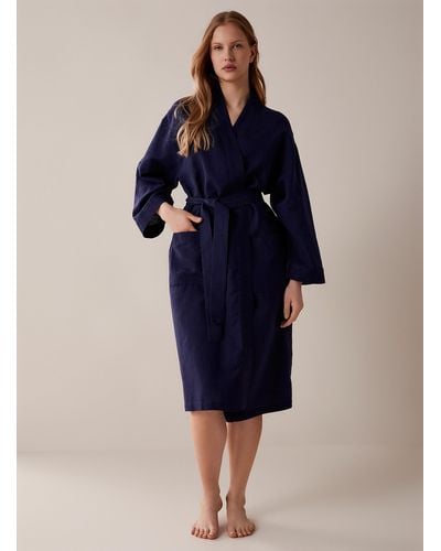 Miiyu Long Solid Linen And Cotton Robe - Blue