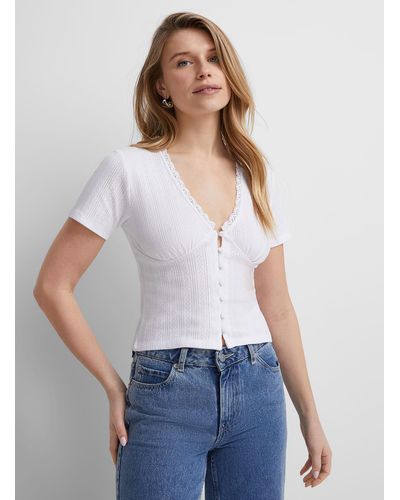 Icône Pointelle Pattern Buttoned T - White