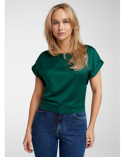 Icône Cuffed Sleeves Boxy Satiny Blouse - Green