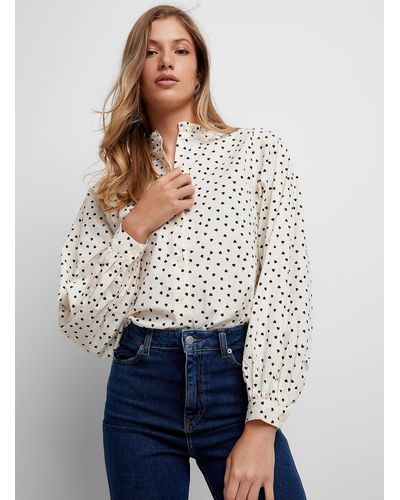 Ichi Small Hearts Loose Textured Blouse - White