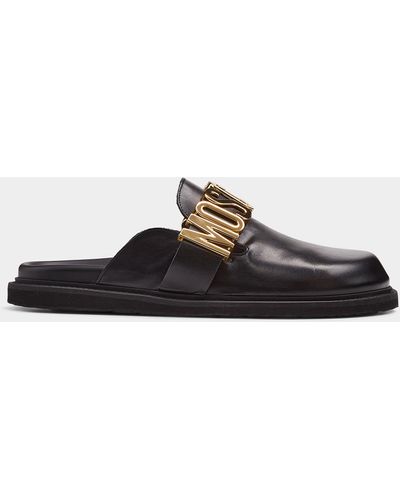 Moschino Gold Logo Shiny Leather Mules Men - Brown