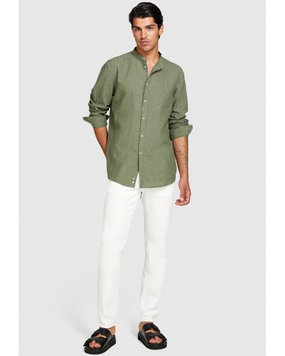 Sisley Mandarin Collar Shirt In Linen Blend - Green