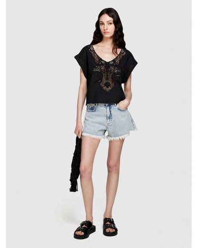 Sisley Cropped Blouse With Crochet - Black