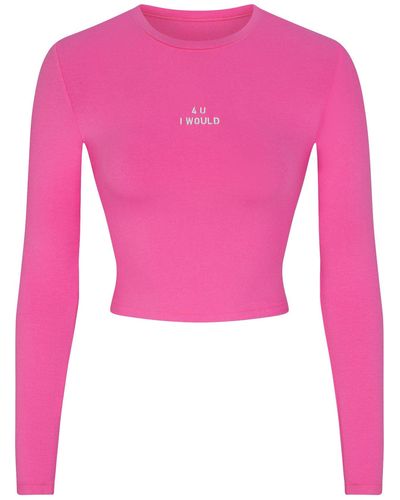 Skims Embroidered Long Sleeve Cropped T-shirt - Pink