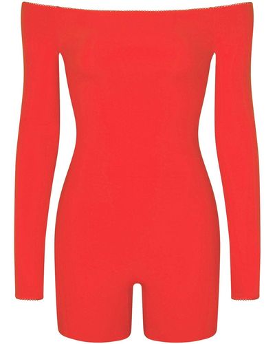 Skims Picot Trim Off The Shoulder Onesie (bodysuit) - Red