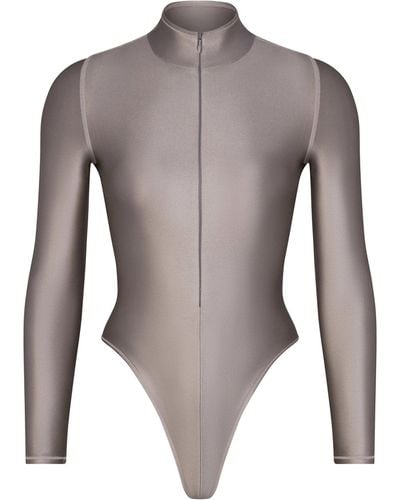 Skims Zip Front Long Sleeve One Piece - Gray