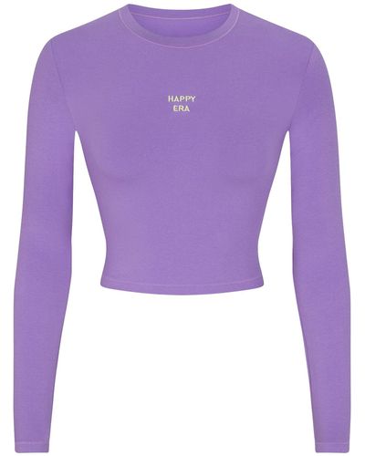 Skims Embroidered Long Sleeve Cropped T-shirt - Purple