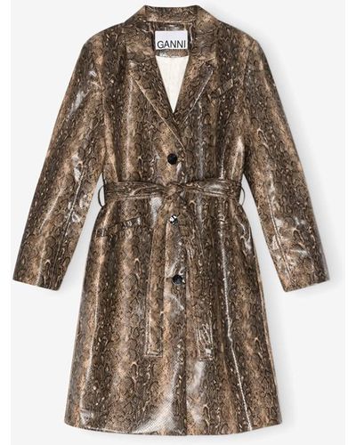 Ganni Snake-effect Faux Leather Trench Coat - Brown