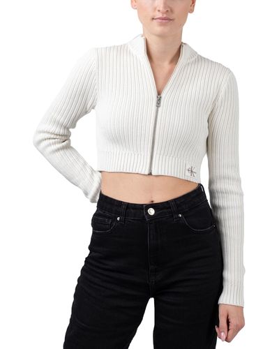 Calvin Klein Badge Cropped Zip-Through Sweater - Weiß