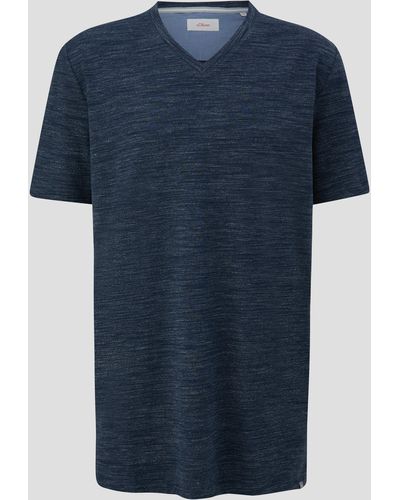 S.oliver T-Shirt mit V-Ausschnitt und Flammgarnstruktur - Blau