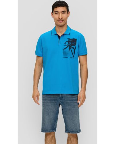S.oliver Poloshirt aus Baumwolle mit Frontprint und Kontrast-Detail - Blau