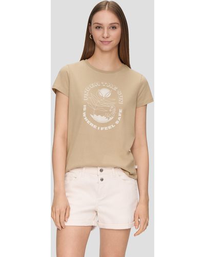 QS Baumwoll-T-Shirt mit Frontprint und Rippblende - Natur