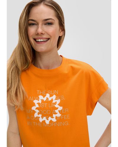 S.oliver Baumwoll-Shirt mit überschnittenen Ärmeln und Frontprint - Orange