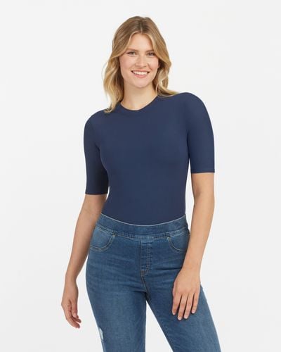 Spanx Suit Yourself Ribbed Crew Neck Short Sleeve Bodysuit - Blue