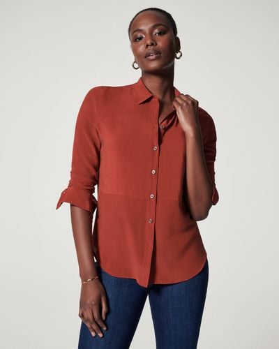 Spanx Low-maintenance Silk Button-down Shirt - Red