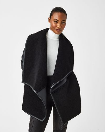 Spanx Fleece & Faux Leather Long Wrap Jacket - Black
