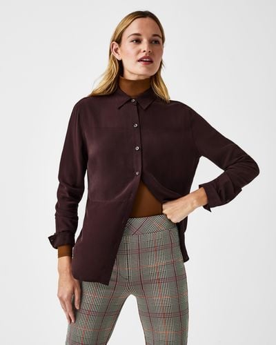 Spanx Low-maintenance Silk Button-down Shirt - Brown