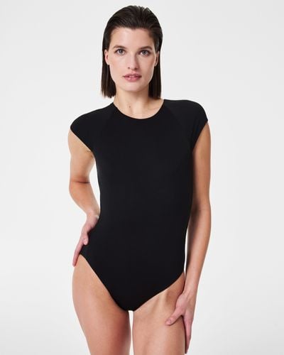 Spanx Pique Shaping High Neck Short Sleeve One-piece - Black