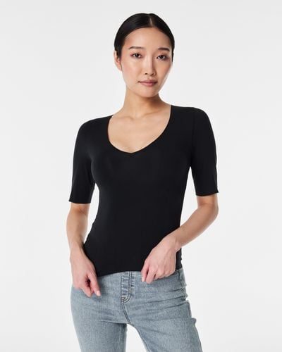 Spanx Fit-to-you V-neck Elbow-sleeve Tee - Black