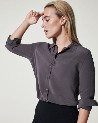 Spanx Low Maintenance Silk Button-down Shirt - Gray