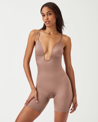 Spanx Suit Your Fancy Shaping Plunge Low-back Mid-thigh Bodysuit - Natural