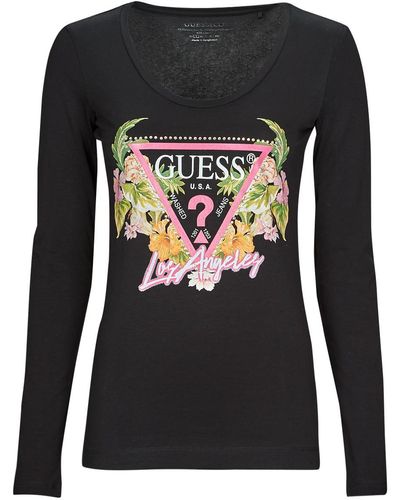 Guess T-shirt LS SN TRIANGLE FLOWERS TEE - Noir