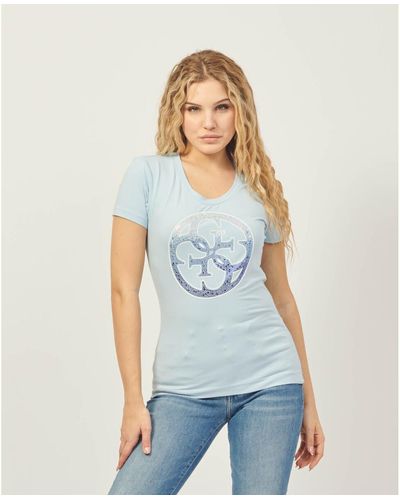 Guess T-shirt T-shirt à col rond avec logo en strass - Bleu