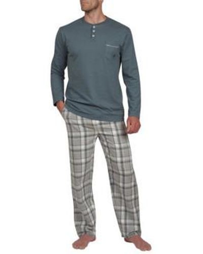 Mariner Pyjamas / Chemises de nuit Pyjama en pur coton peigné col boutons et bas en flanelle - Bleu