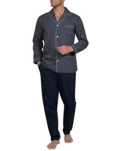 Mariner Pyjamas / Chemises de nuit Pyjama long ouvert en popeline pur coton - Bleu