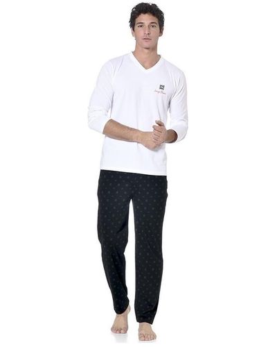 Serge Blanco Pyjamas / Chemises de nuit Ensemble pyjama long t-shirt col V bicolore Gan - Blanc