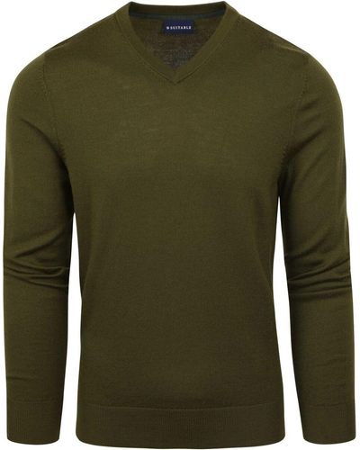 Suitable Sweat-shirt Merino Pullover V-Neck Olive Green - Vert