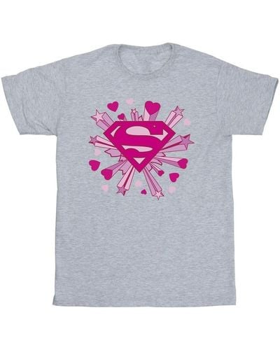 Dc Comics T-shirt Superman Pink Hearts And Stars Logo - Gris