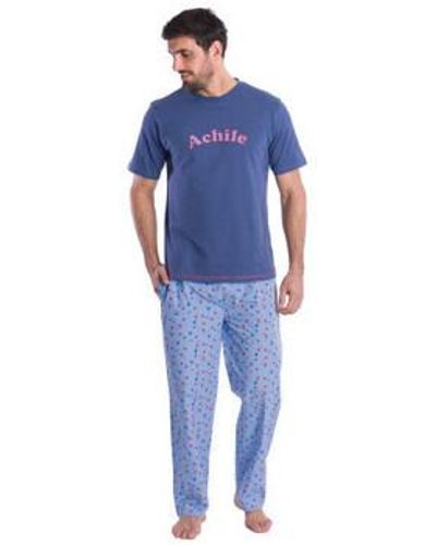 Achile Pyjamas / Chemises de nuit Pyjama long en pur coton "" et sa bande"" manches courtes - Bleu