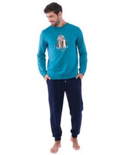 Achile Pyjamas / Chemises de nuit Pyjama long avec jogging en pur coton FAMILY DOG - Bleu