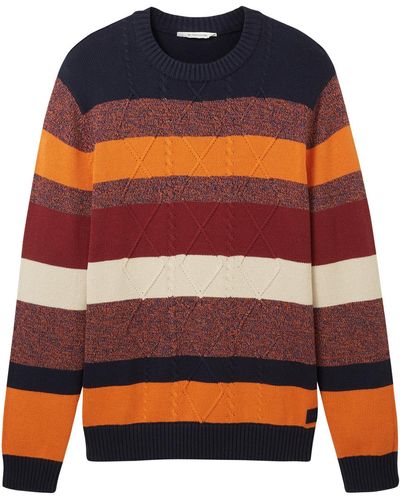 Tom Tailor Pull Pull coton rayé col rond droit - Orange