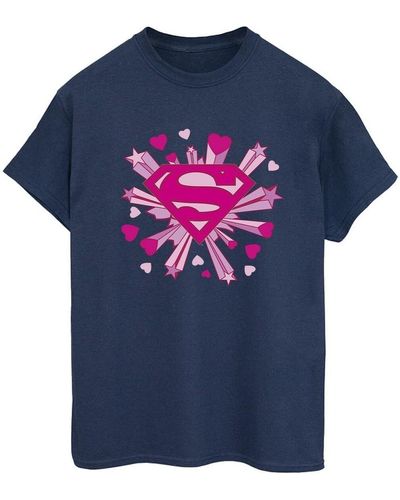 Dc Comics T-shirt Superman Pink Hearts And Stars Logo - Bleu