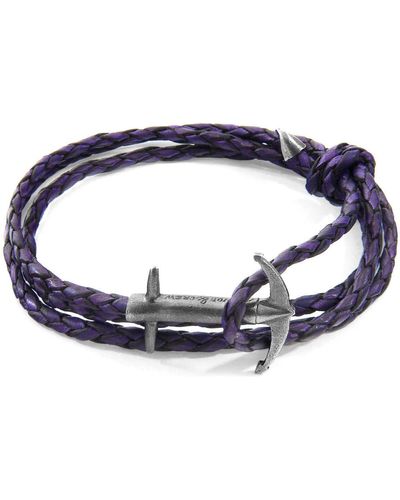 Anchor and Crew Bracelets Bracelet Ancre Admiral Argent Et Cuir Tressé - Violet
