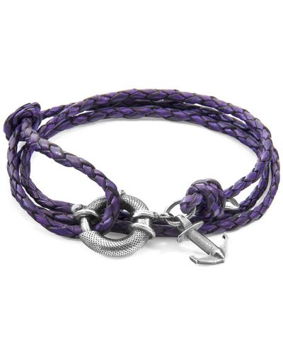 Anchor and Crew Bracelets Bracelet Ancre Clyde Argent Et Cuir Tressé - Violet