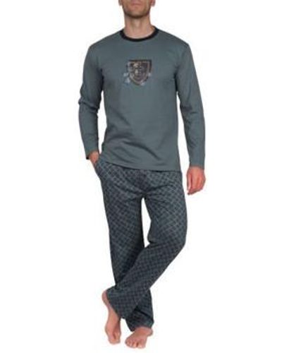 Mariner Pyjamas / Chemises de nuit Pyjama long col rond en pur coton peigné - Bleu