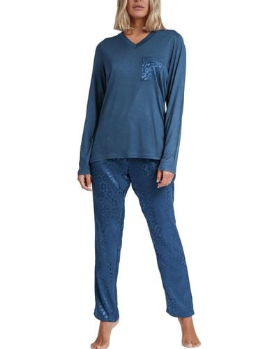 Admas Pyjamas / Chemises de nuit Pyjama tenue d'intérieur pantalon top manches longues Satin - Bleu