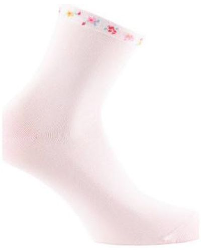 Kindy Chaussettes Socquettes en fil d'écosse bord côte fleuri MADE IN FRANCE - Rose