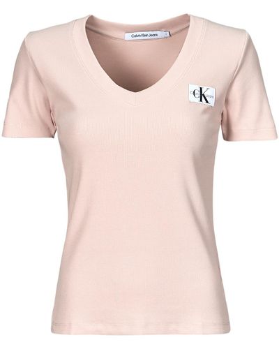 Calvin Klein T-shirt WOVEN LABEL RIB V-NECK TEE - Rose