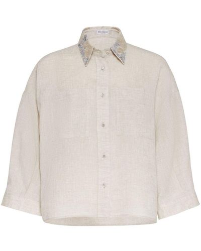 Brunello Cucinelli Embroidered Short-sleeve Shirt - Natural