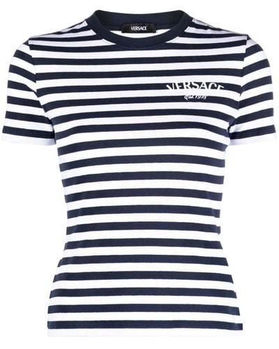 Versace Logo-Embroidered Striped T-Shirt - Blue