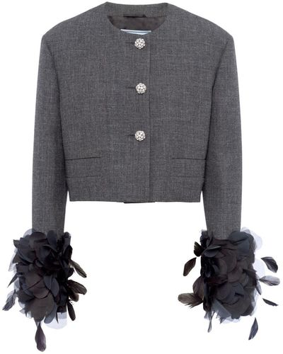 Prada Cropped Jacket With Feather - Gray