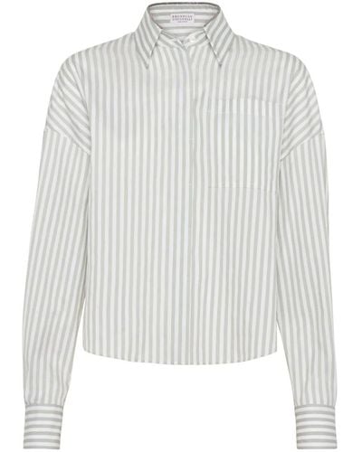 Brunello Cucinelli Striped Shirt With Shiny Collar - White