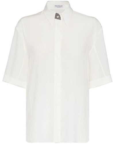 Brunello Cucinelli Short-Sleeve Silk Shirt - White