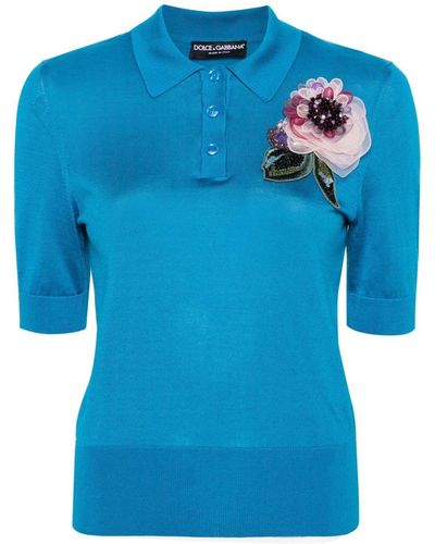 Dolce & Gabbana Floral-appliqué Knit Polo Shirt - Blue