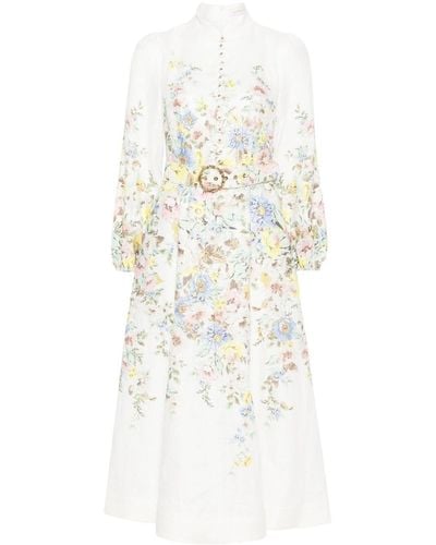 Zimmermann Floral-print Puffed-sleeve Linen Midi Dres - White